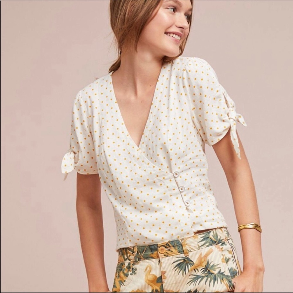 Anthropologie Cream Polka Dot Wrap-Style Blouse
